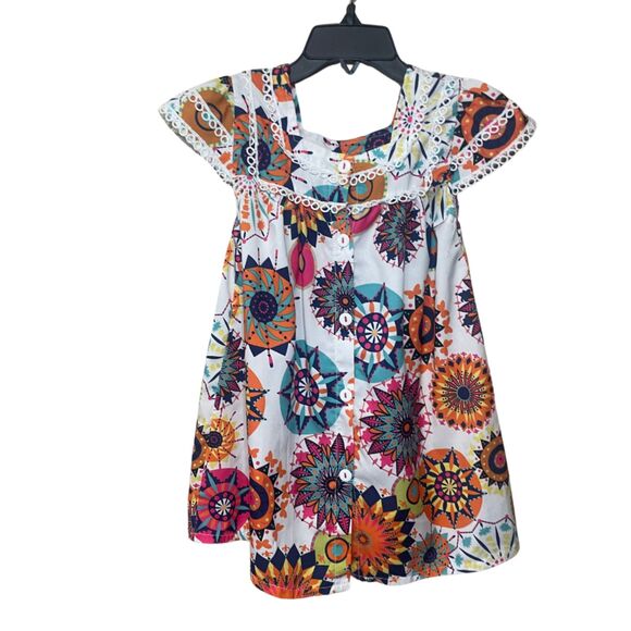 Lace Trimmed Boho Dress Bell Sleeve Button-up White/Colorful Print Size 120/5T - Picture 1 of 6